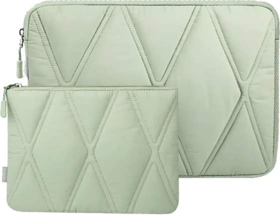 Voova quilted 13-inch laptop case in mint green with its matching accessory pouch