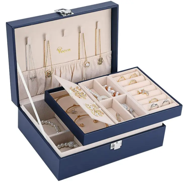 Voova 2 Layer Jewelry Box Organizer with Removable Tray, Vintage Gift, Dark Blue