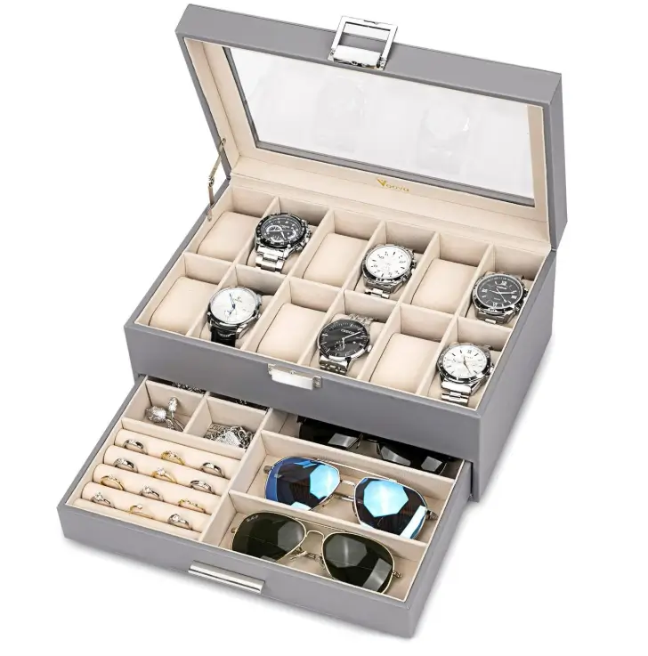 Voova Glass Top Watch Storage Case, Jewelry Organizer, Gray