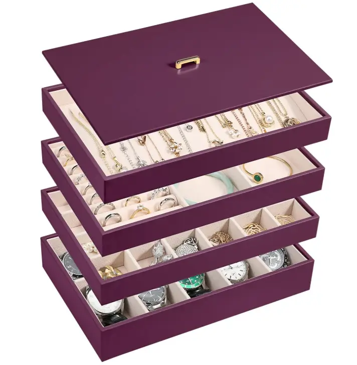 Voova Stackable Jewelry Organizer Tray with Lid (Set of 4, Purple)
