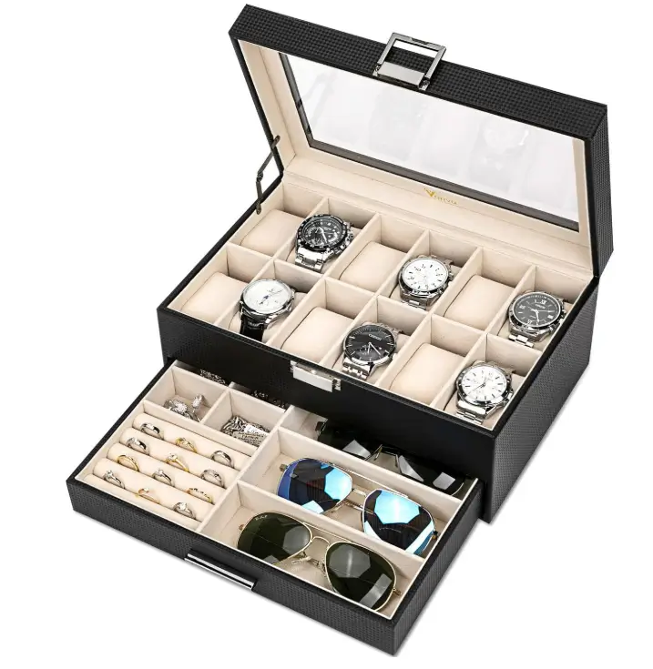 Voova Glass Top Watch Storage Case, Jewelry Organizer, Black