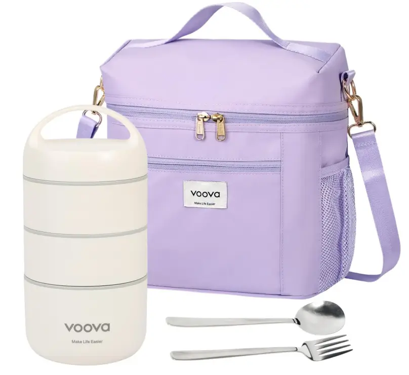 Voova Stackable Stainless Steel Thermal Lunch Box with Lunch Bag and Cultery Set for Adult Women Men, 3 Tier Leakproof & Microwave Safe Insulated Bento Boxes Food Container for Work, Purple